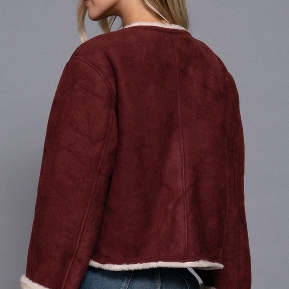 NWT Sherpa Lined Maroon Cropped Sueded Jacket Sizes Small -Large - Picture 2 of 4
